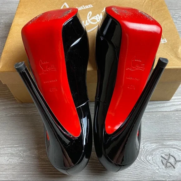 Christian Louboutin Heels Black Patent Lady Peep Toe Pumps 10.5 Red Bottoms - Picture 10 of 13